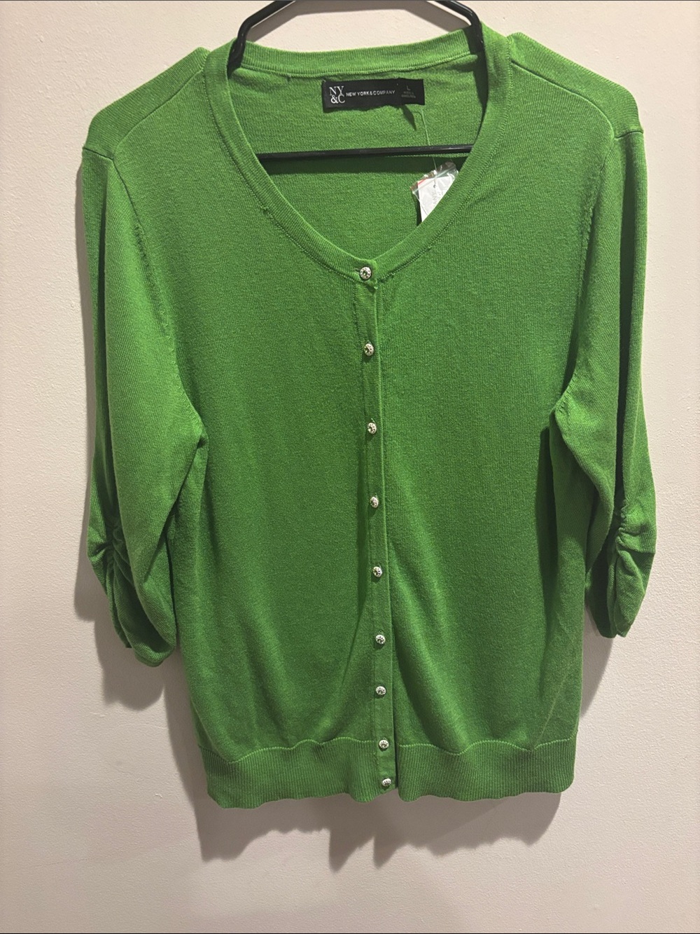 New York & Company Bright Lime Green V-Neck Button-Front Cardigan